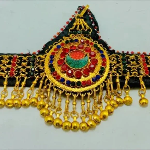 Golden Afghan Matha Patti With Multicolor Glass Stones  display picture 1